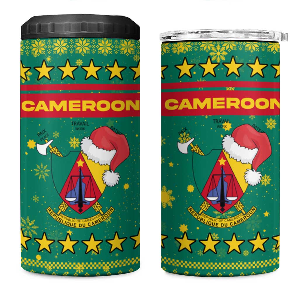 Cameroon Christmas 4 in 1 Can Cooler Tumbler Coat of Arms Santa Hat and Stars Motif - African Pride