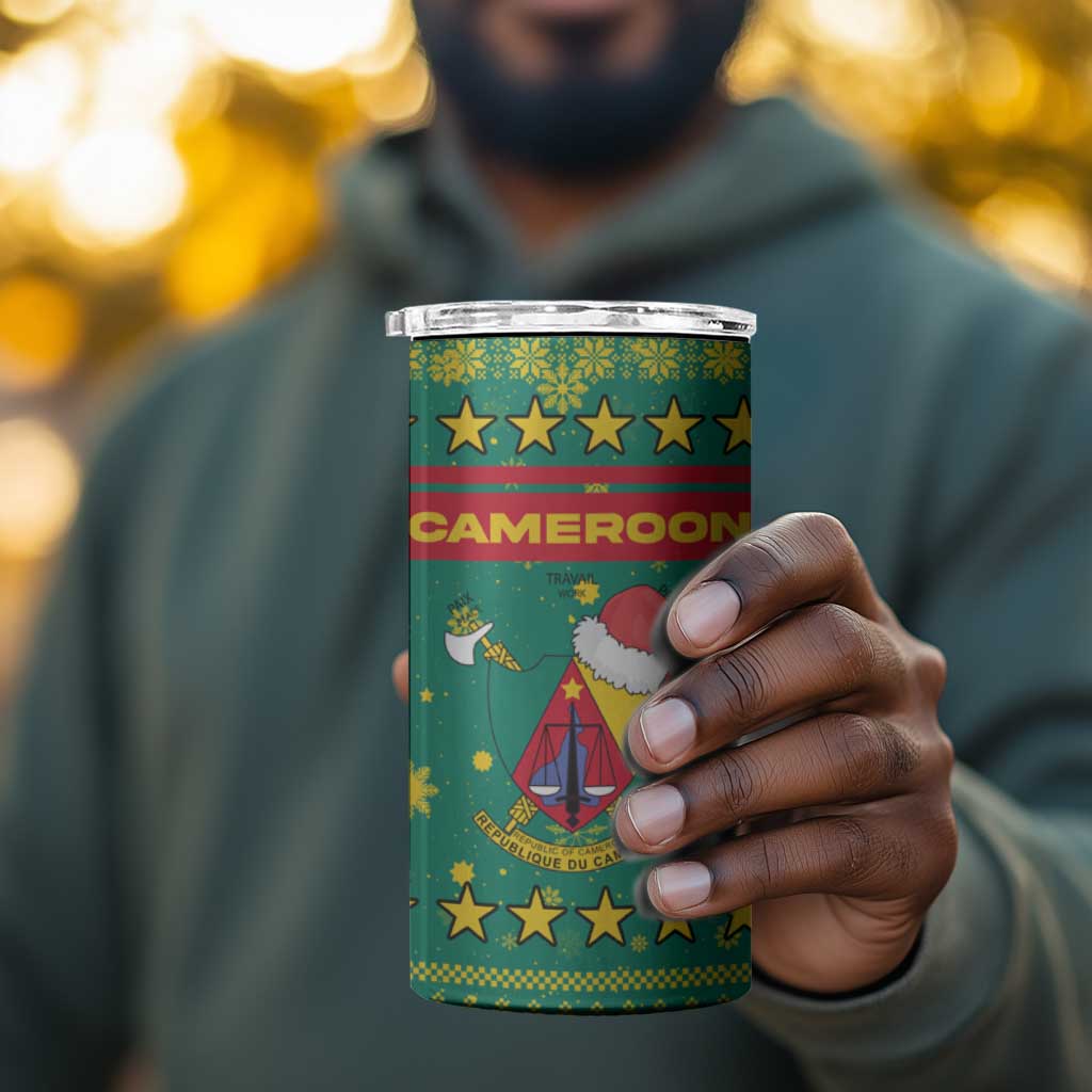 Cameroon Christmas 4 in 1 Can Cooler Tumbler Coat of Arms Santa Hat and Stars Motif - African Pride