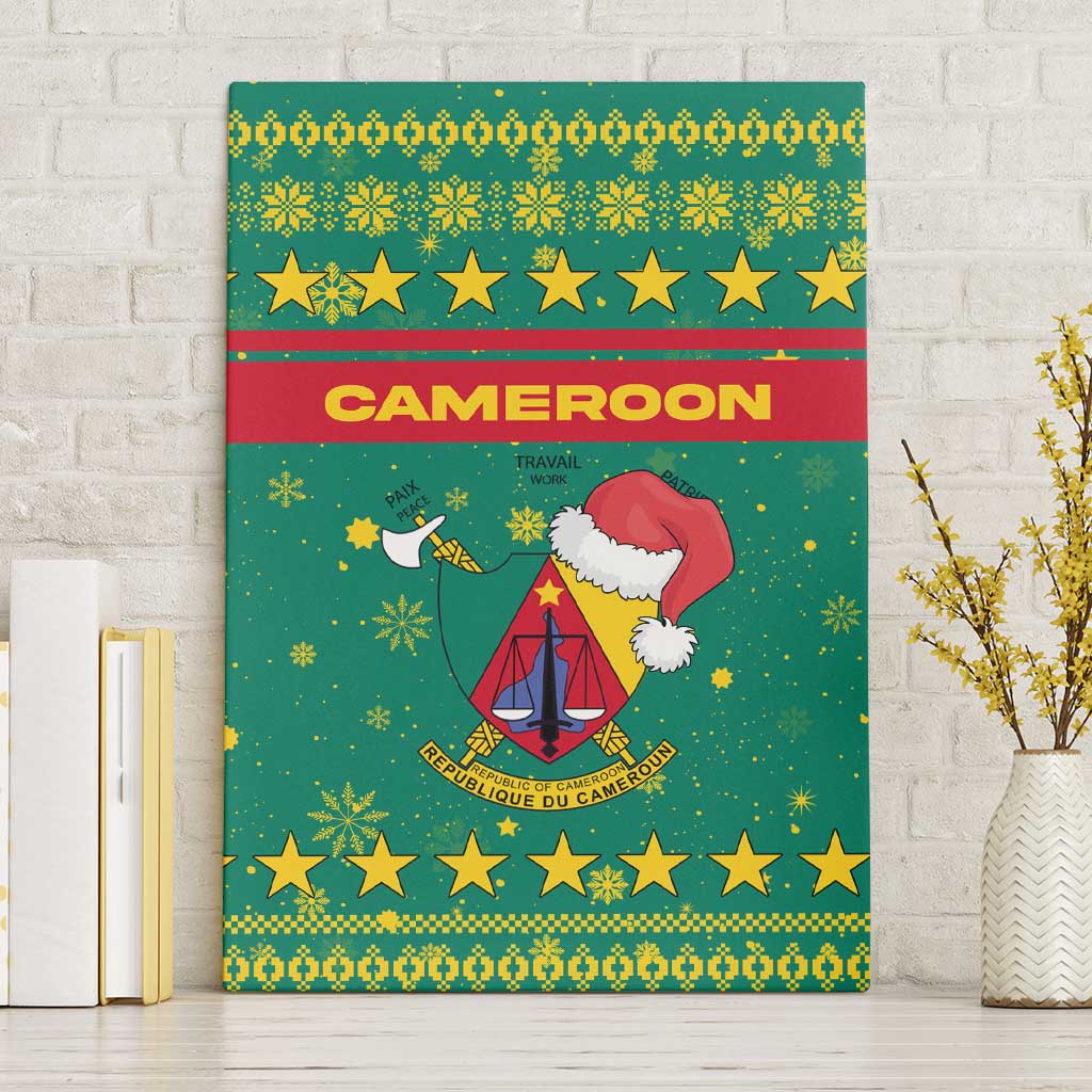 Cameroon Christmas Canvas Wall Art Coat of Arms Santa Hat and Stars Motif - African Pride