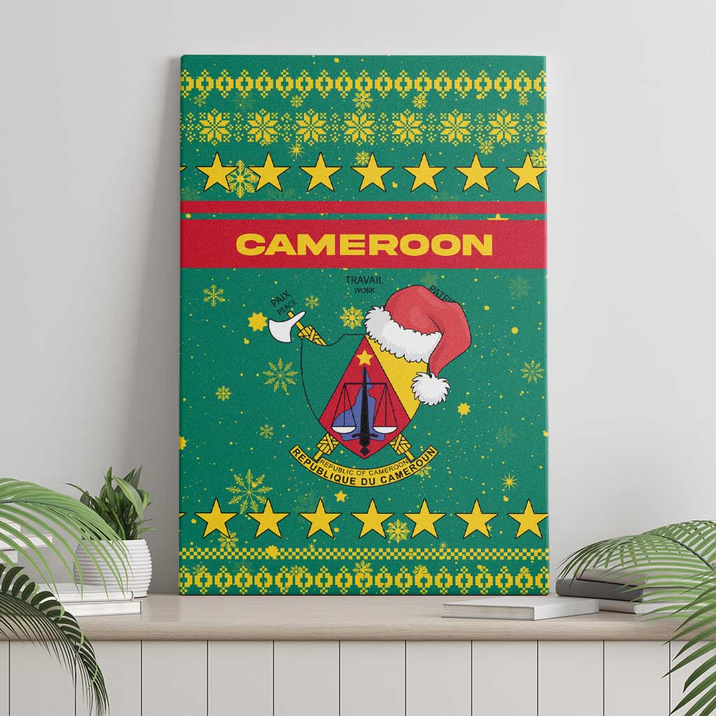 Cameroon Christmas Canvas Wall Art Coat of Arms Santa Hat and Stars Motif - African Pride