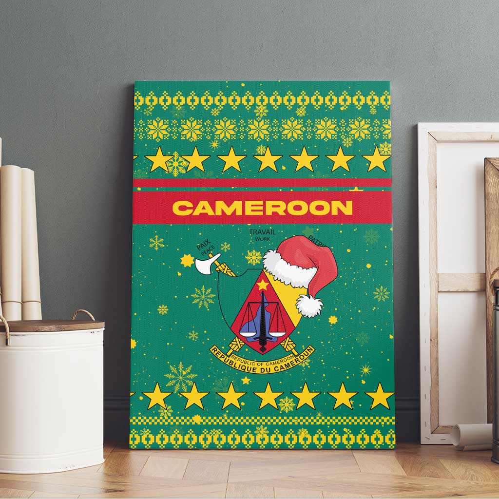 Cameroon Christmas Canvas Wall Art Coat of Arms Santa Hat and Stars Motif - African Pride