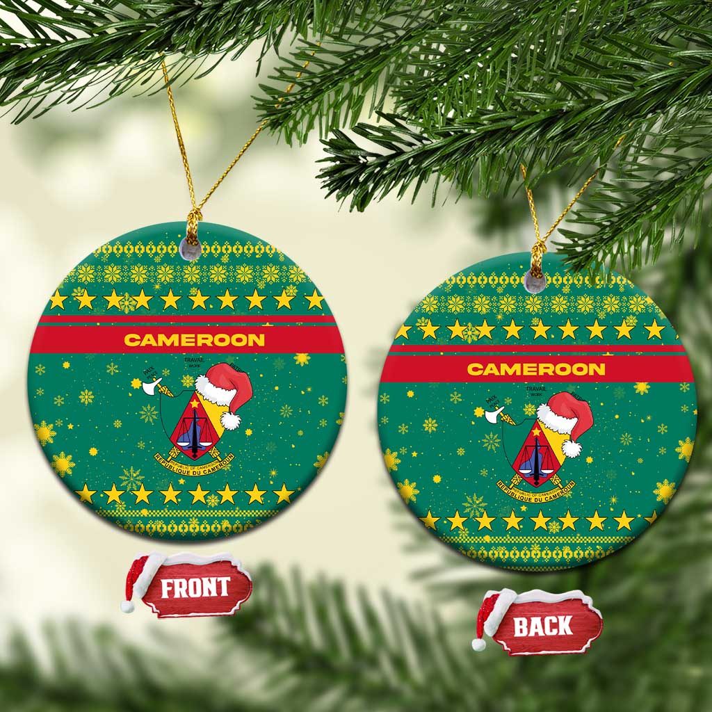 Cameroon Christmas Ceramic Ornament Coat of Arms Santa Hat and Stars Motif - African Pride