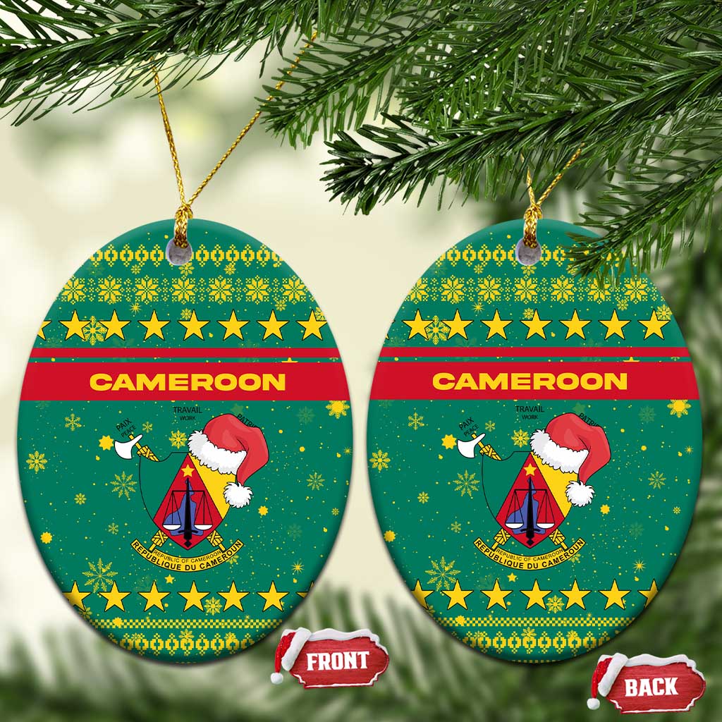 Cameroon Christmas Ceramic Ornament Coat of Arms Santa Hat and Stars Motif - African Pride