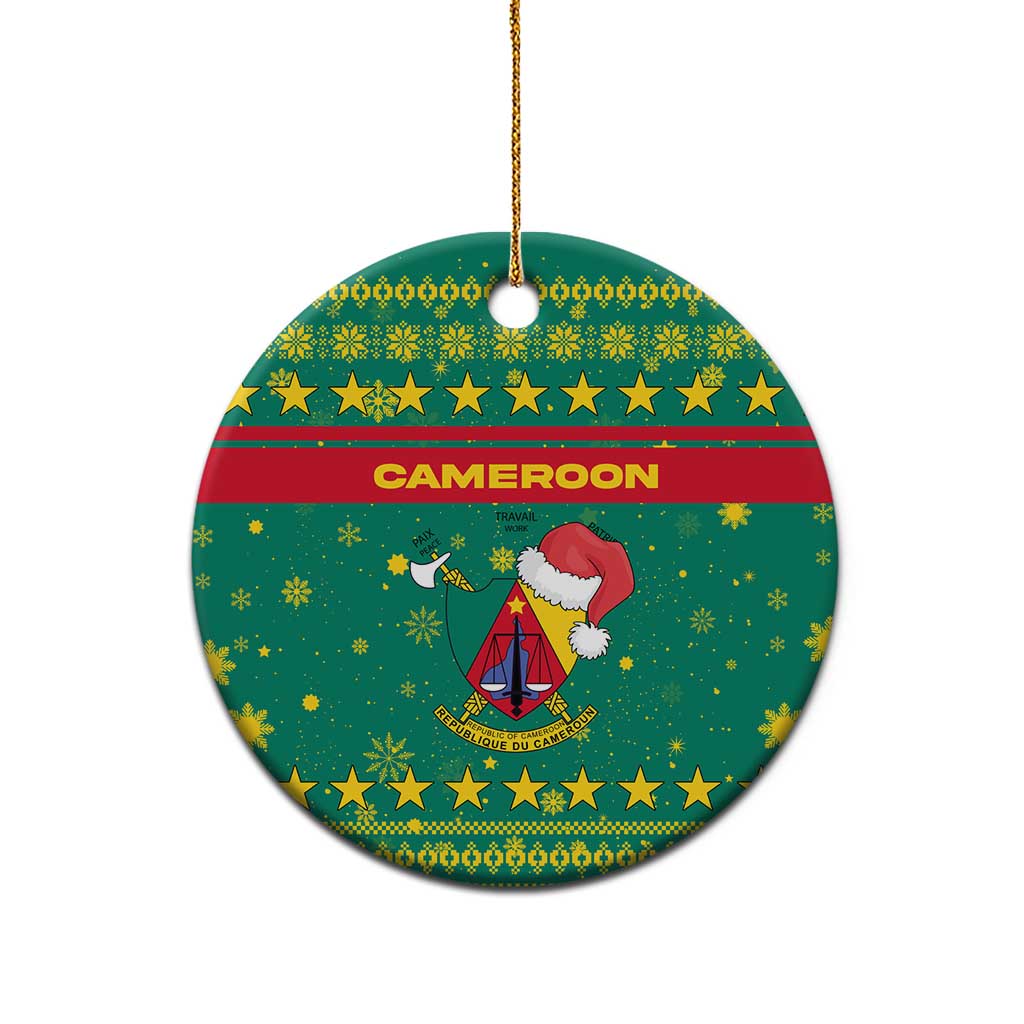 Cameroon Christmas Ceramic Ornament Coat of Arms Santa Hat and Stars Motif - African Pride