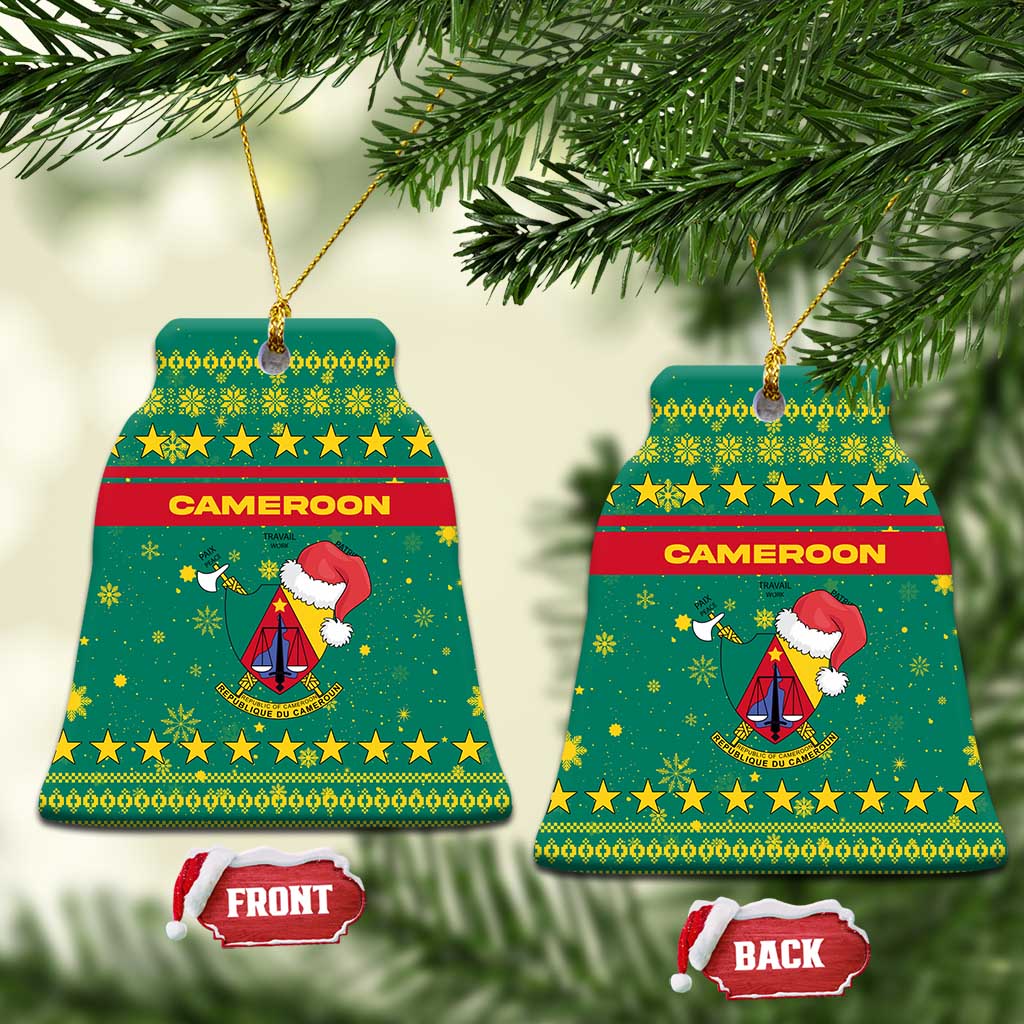 Cameroon Christmas Ceramic Ornament Coat of Arms Santa Hat and Stars Motif - African Pride