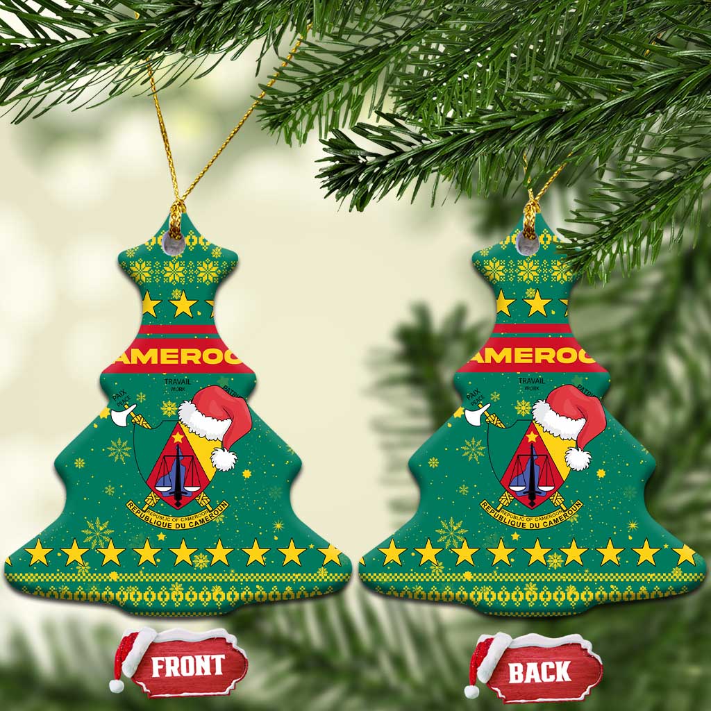 Cameroon Christmas Ceramic Ornament Coat of Arms Santa Hat and Stars Motif - African Pride