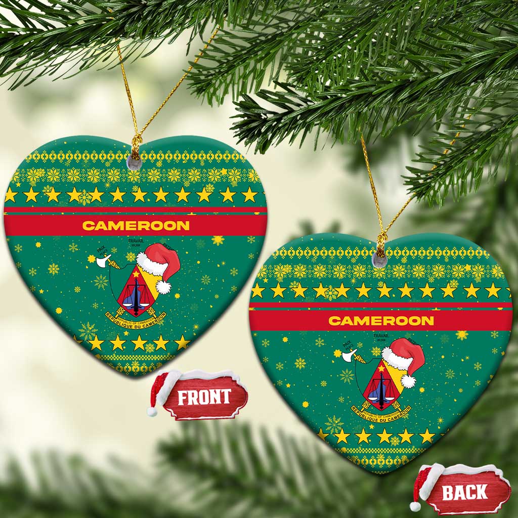 Cameroon Christmas Ceramic Ornament Coat of Arms Santa Hat and Stars Motif - African Pride