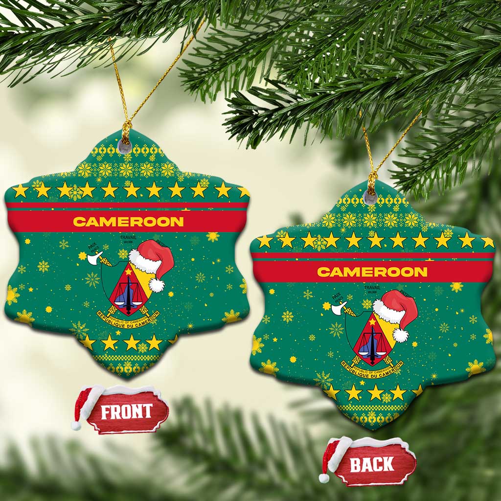Cameroon Christmas Ceramic Ornament Coat of Arms Santa Hat and Stars Motif - African Pride