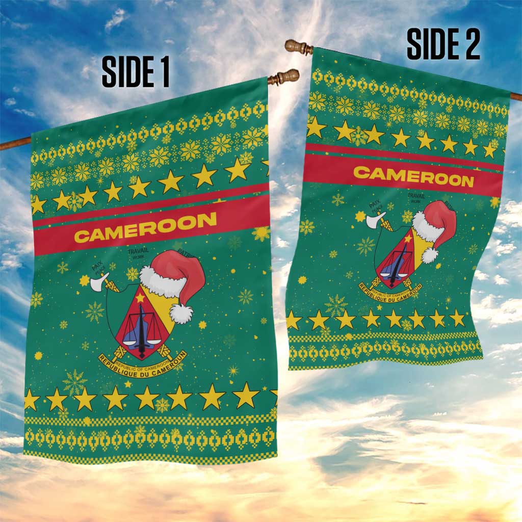 Cameroon Christmas Garden Flag Coat of Arms Santa Hat and Stars Motif - African Pride
