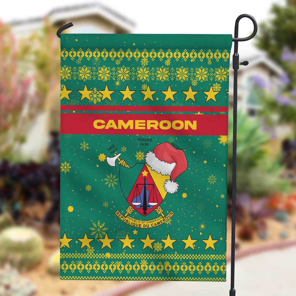 Cameroon Christmas Garden Flag Coat of Arms Santa Hat and Stars Motif - African Pride