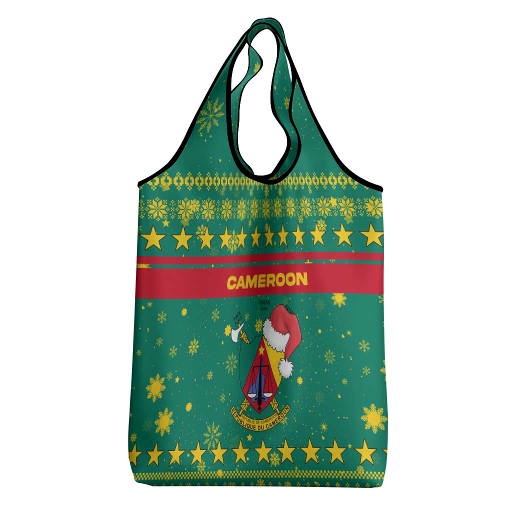 Cameroon Christmas Grocery Bag Coat of Arms Santa Hat and Stars Motif - African Pride