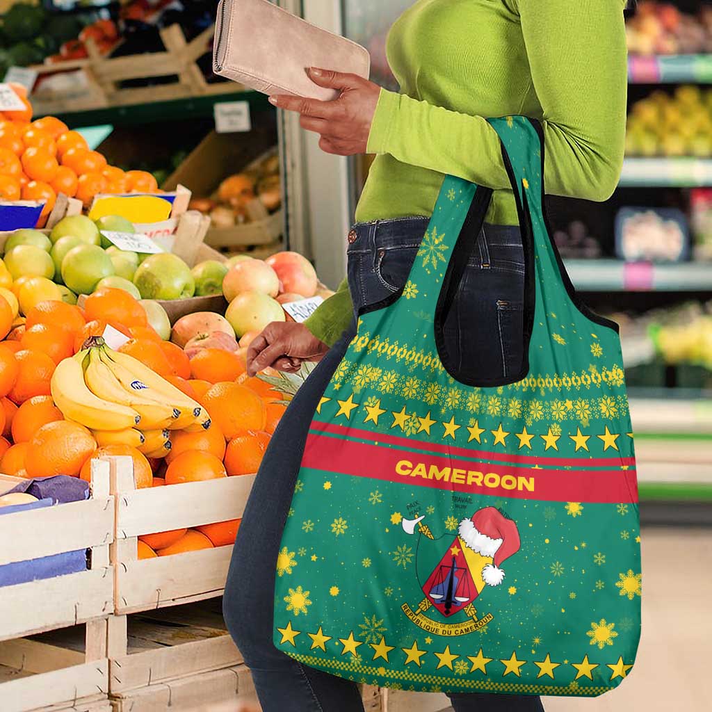 Cameroon Christmas Grocery Bag Coat of Arms Santa Hat and Stars Motif - African Pride