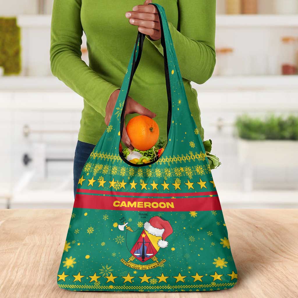 Cameroon Christmas Grocery Bag Coat of Arms Santa Hat and Stars Motif - African Pride