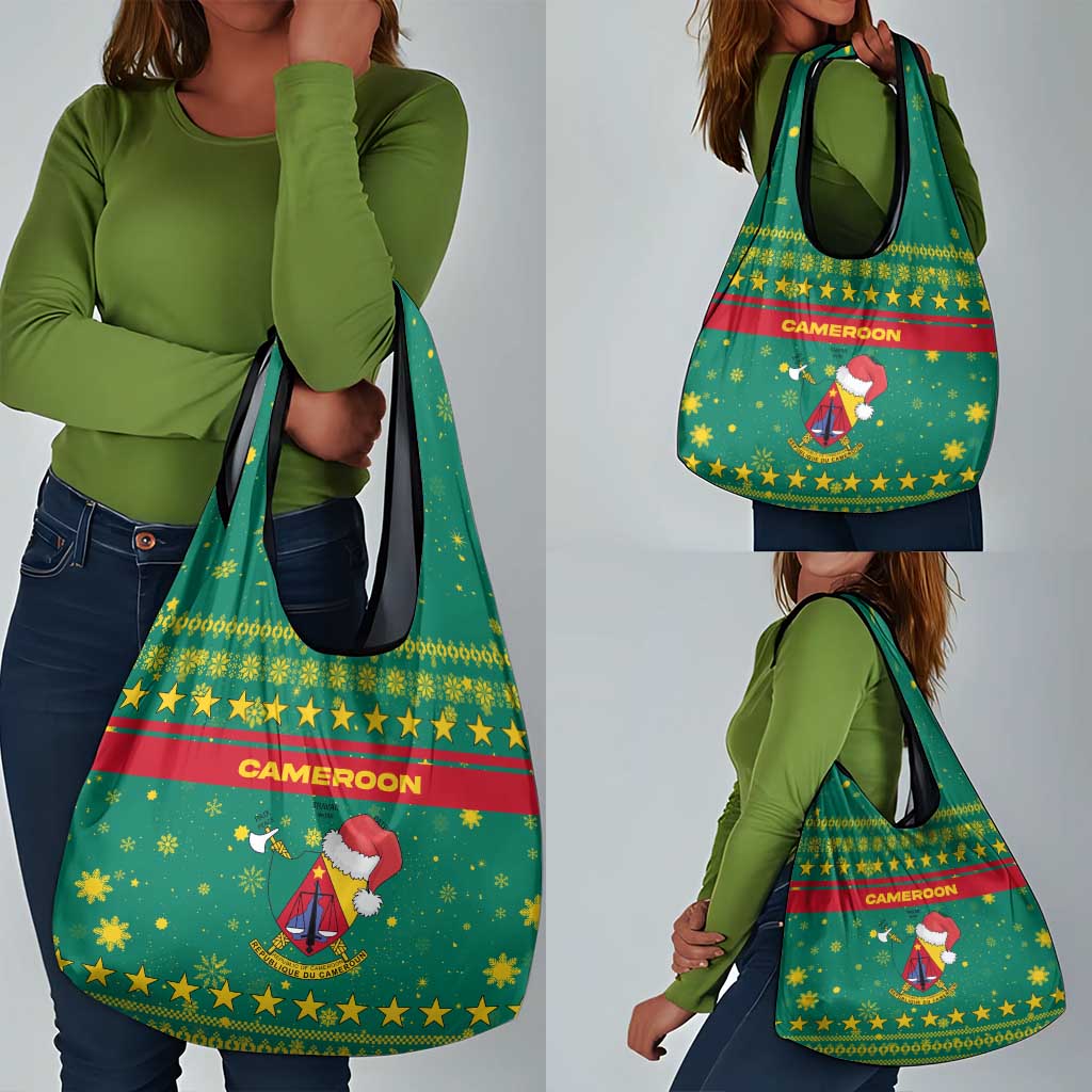Cameroon Christmas Grocery Bag Coat of Arms Santa Hat and Stars Motif - African Pride
