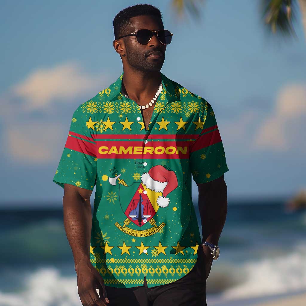 Cameroon Christmas Hawaiian Shirt Coat of Arms Santa Hat and Stars Motif - African Pride