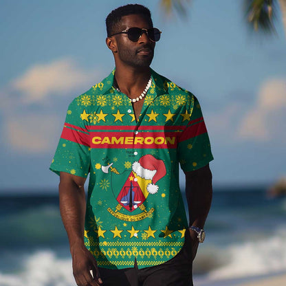 Cameroon Christmas Hawaiian Shirt Coat of Arms Santa Hat and Stars Motif - African Pride