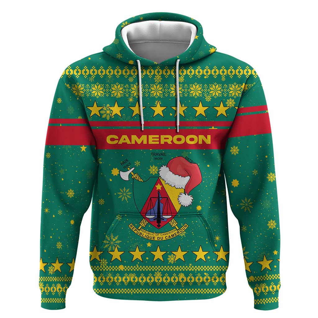 Cameroon Christmas Hoodie Coat of Arms Santa Hat and Stars Motif - African Pride