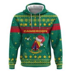 Cameroon Christmas Hoodie Coat of Arms Santa Hat and Stars Motif - African Pride