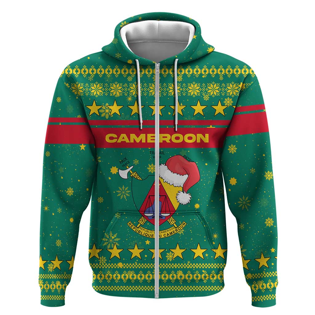 Cameroon Christmas Hoodie Coat of Arms Santa Hat and Stars Motif - African Pride