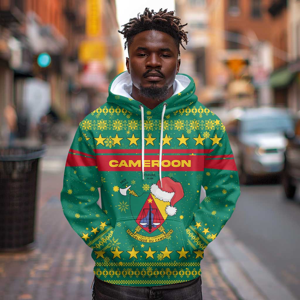 Cameroon Christmas Hoodie Coat of Arms Santa Hat and Stars Motif - African Pride