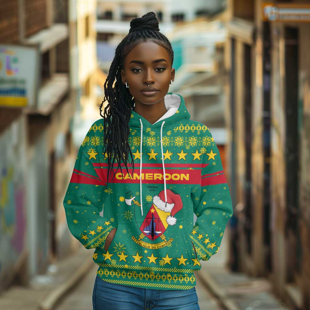 Cameroon Christmas Hoodie Coat of Arms Santa Hat and Stars Motif - African Pride