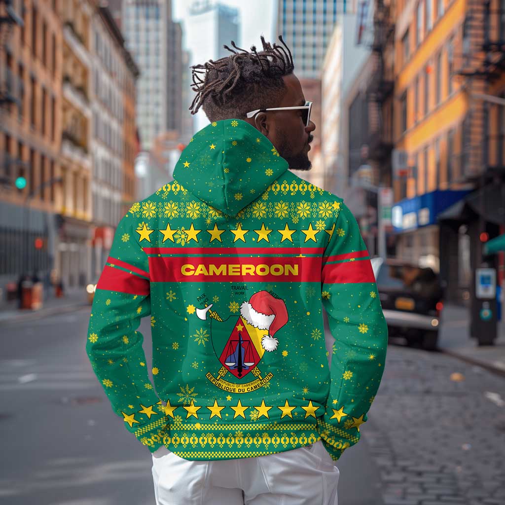 Cameroon Christmas Hoodie Coat of Arms Santa Hat and Stars Motif - African Pride