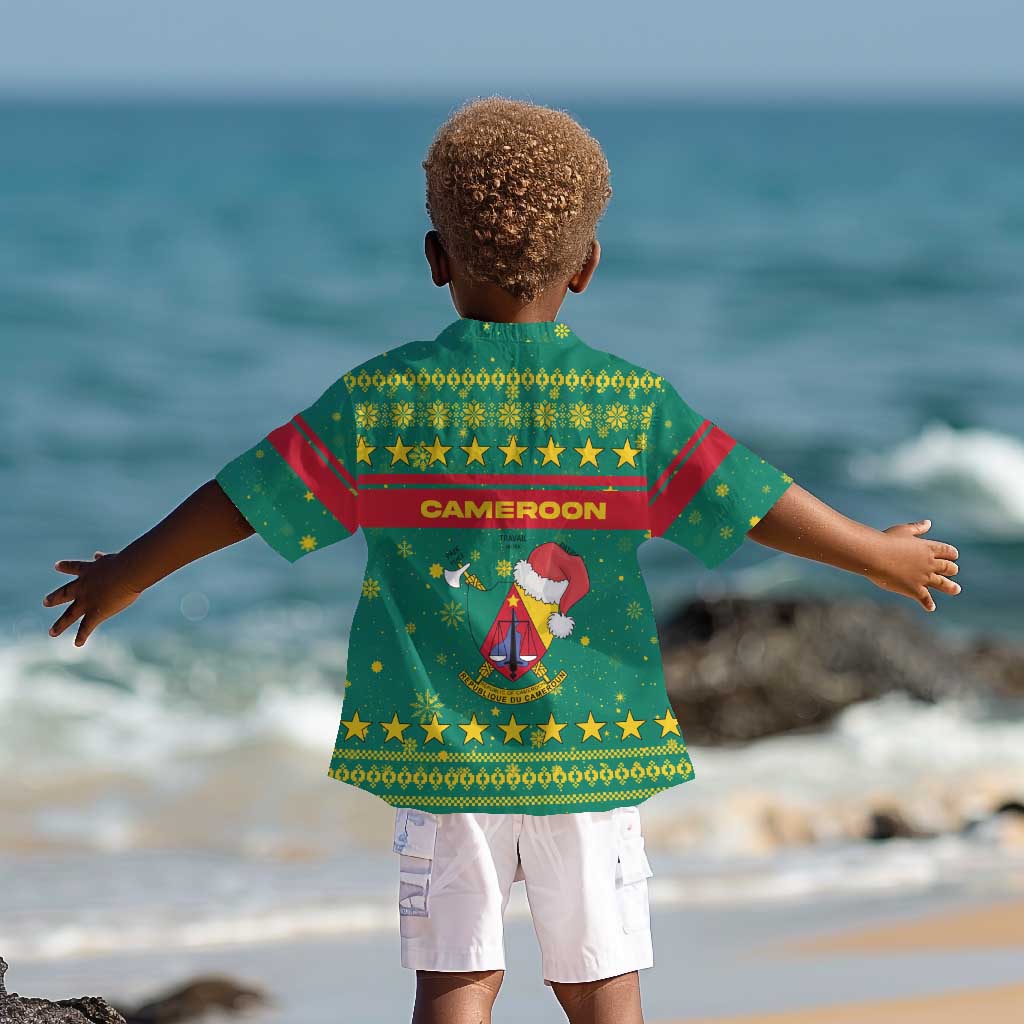 Cameroon Christmas Kid Hawaiian Shirt Coat of Arms Santa Hat and Stars Motif - African Pride