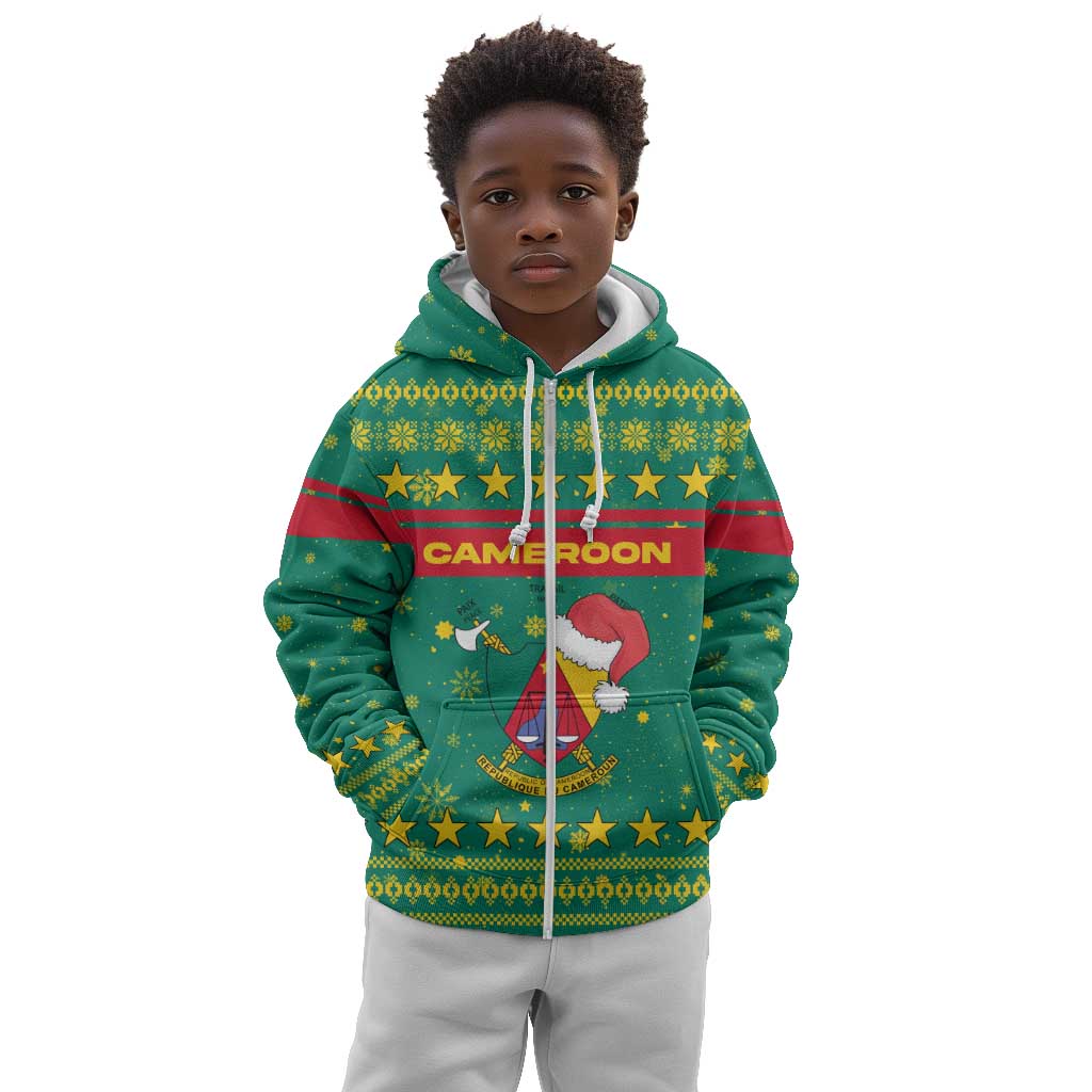 Cameroon Christmas Kid Hoodie Coat of Arms Santa Hat and Stars Motif - African Pride