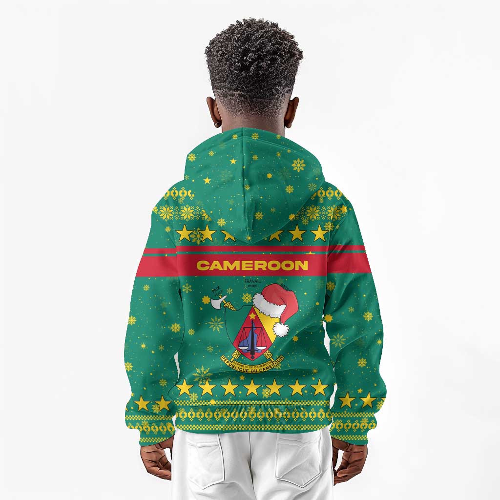 Cameroon Christmas Kid Hoodie Coat of Arms Santa Hat and Stars Motif - African Pride