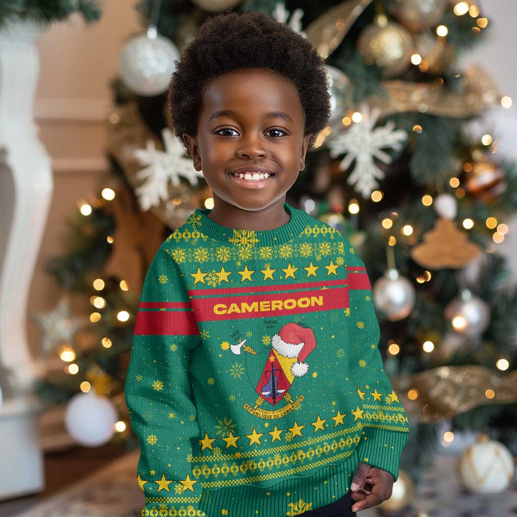 Cameroon Christmas Kid Ugly Christmas Sweater Coat of Arms Santa Hat and Stars Motif - African Pride