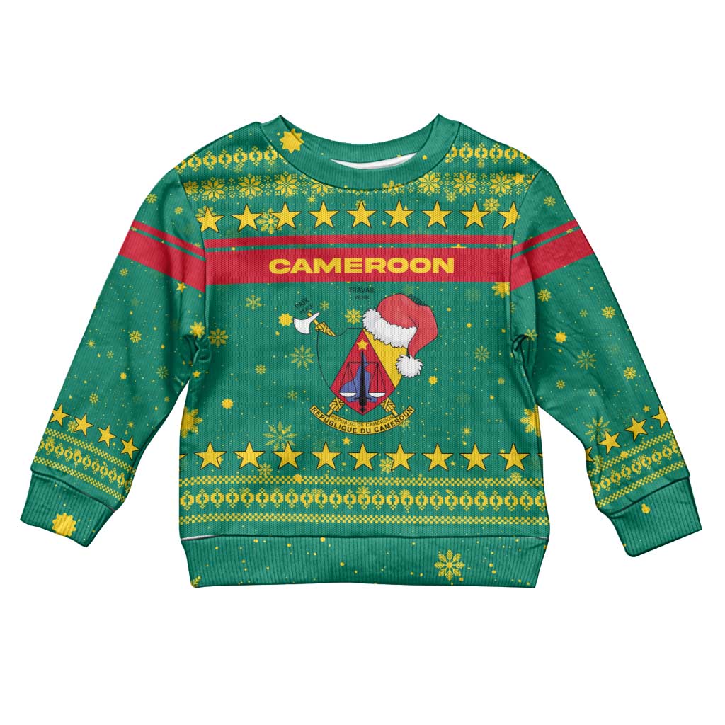 Cameroon Christmas Kid Ugly Christmas Sweater Coat of Arms Santa Hat and Stars Motif - African Pride