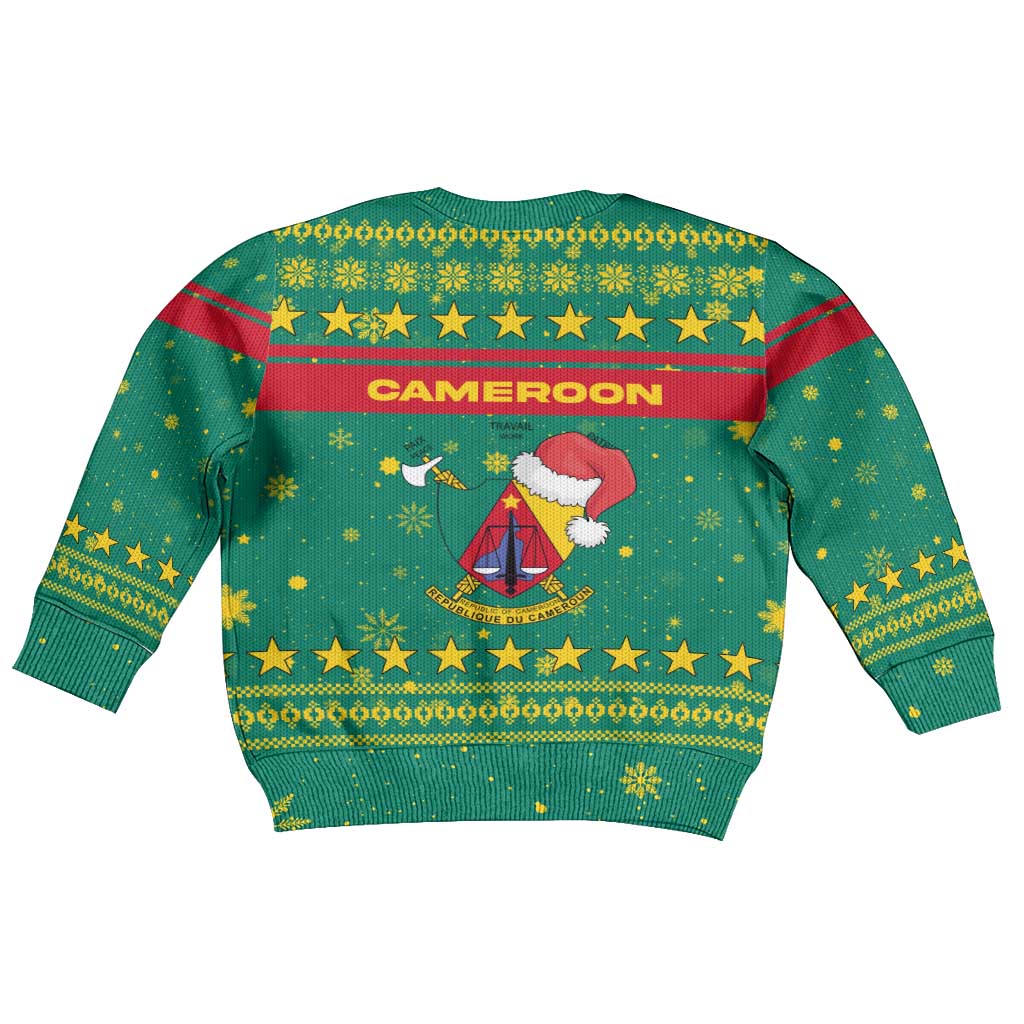 Cameroon Christmas Kid Ugly Christmas Sweater Coat of Arms Santa Hat and Stars Motif - African Pride