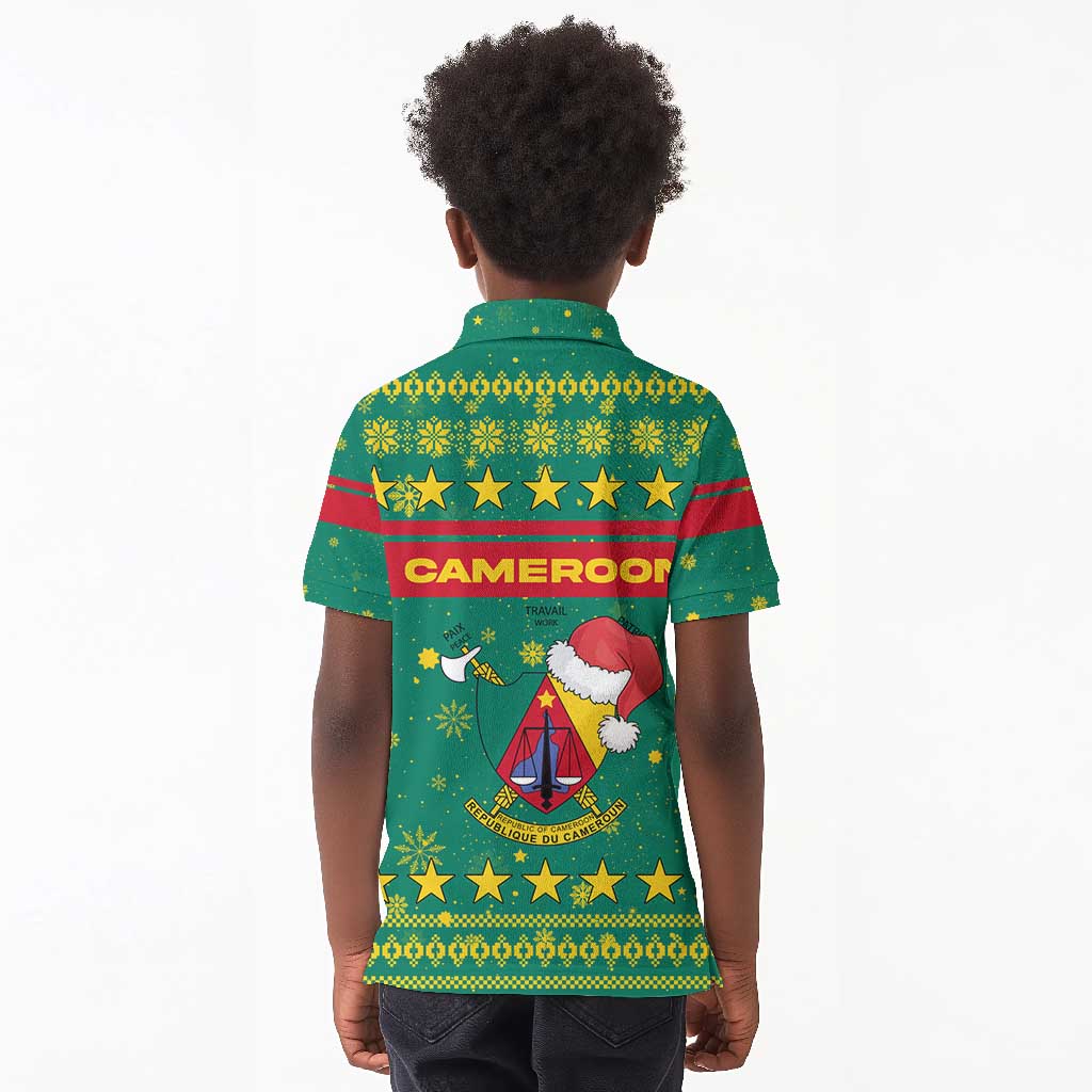 Cameroon Christmas Kid Polo Shirt Coat of Arms Santa Hat and Stars Motif - African Pride