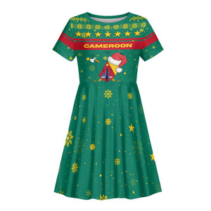 Cameroon Christmas Kid Short Sleeve Dress Coat of Arms Santa Hat and Stars Motif - African Pride