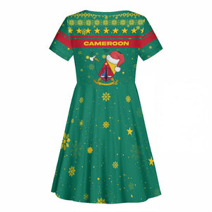 Cameroon Christmas Kid Short Sleeve Dress Coat of Arms Santa Hat and Stars Motif - African Pride