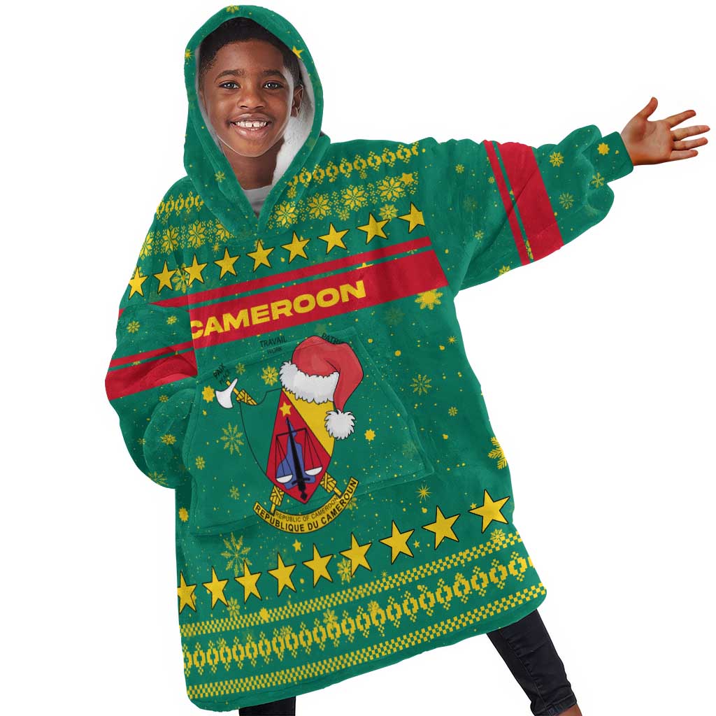 Cameroon Christmas Kid Wearable Blanket Hoodie Coat of Arms Santa Hat and Stars Motif - African Pride