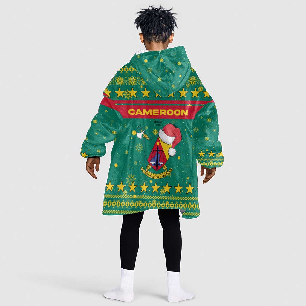 Cameroon Christmas Kid Wearable Blanket Hoodie Coat of Arms Santa Hat and Stars Motif - African Pride