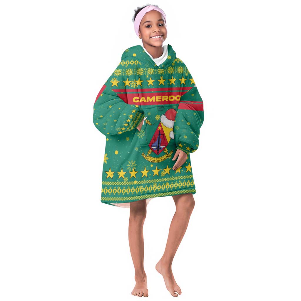 Cameroon Christmas Kid Wearable Blanket Hoodie Coat of Arms Santa Hat and Stars Motif - African Pride