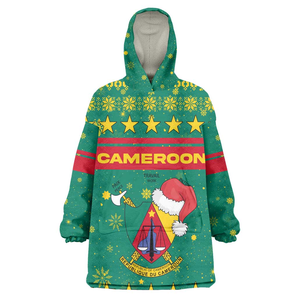 Cameroon Christmas Kid Wearable Blanket Hoodie Coat of Arms Santa Hat and Stars Motif - African Pride