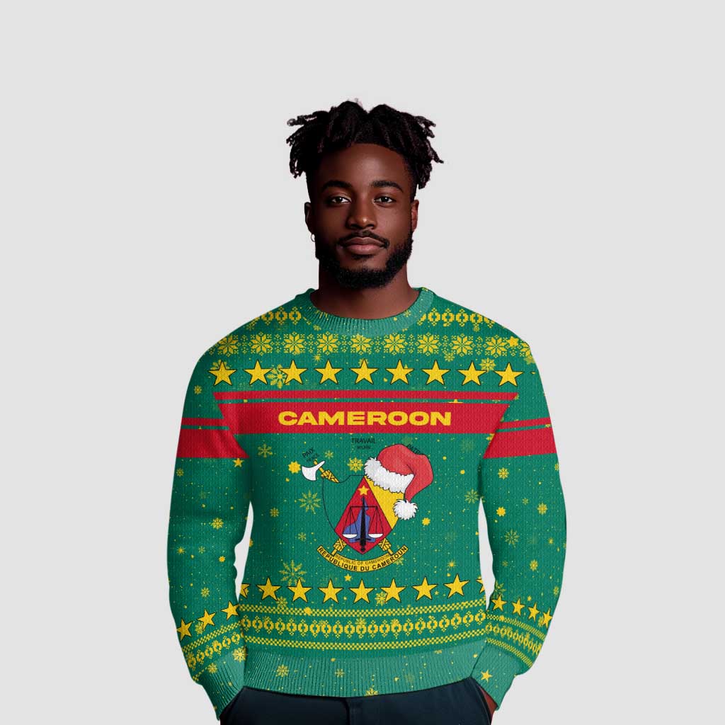 Cameroon Christmas Ugly Christmas Sweater Coat of Arms Santa Hat and Stars Motif - African Pride