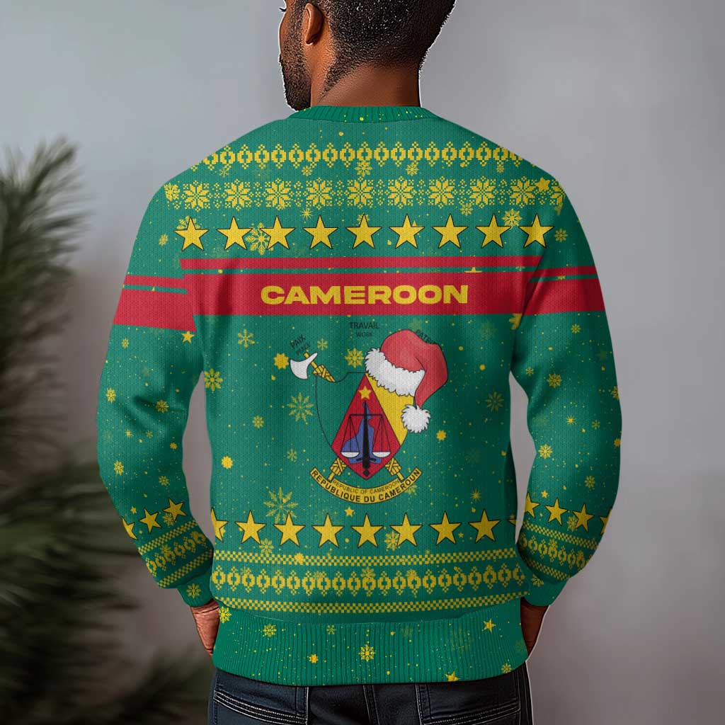 Cameroon Christmas Ugly Christmas Sweater Coat of Arms Santa Hat and Stars Motif - African Pride