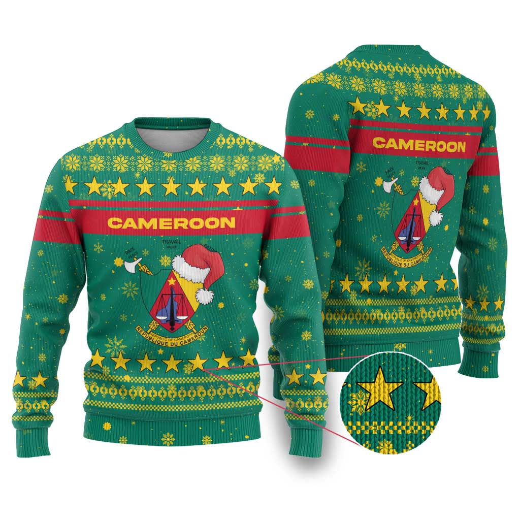 Cameroon Christmas Ugly Christmas Sweater Coat of Arms Santa Hat and Stars Motif - African Pride