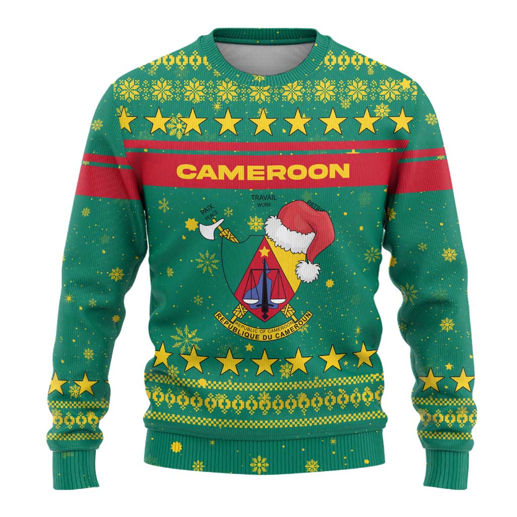 Cameroon Christmas Ugly Christmas Sweater Coat of Arms Santa Hat and Stars Motif - African Pride
