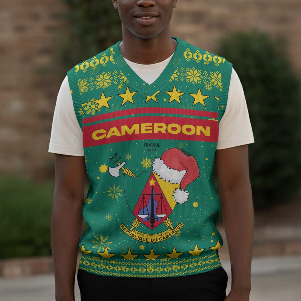 Cameroon Christmas Knitted V-Neck Vest Coat of Arms Santa Hat and Stars Motif - African Pride