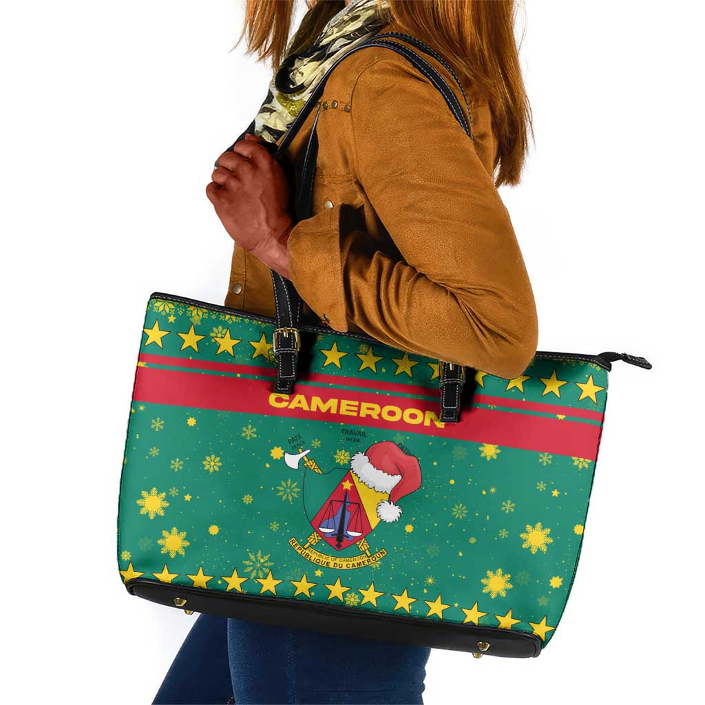 Cameroon Christmas Leather Tote Bag Coat of Arms Santa Hat and Stars Motif - African Pride