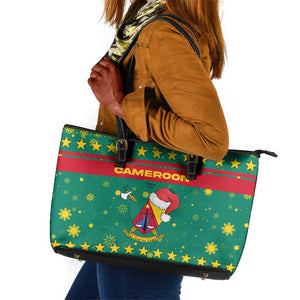 Cameroon Christmas Leather Tote Bag Coat of Arms Santa Hat and Stars Motif - African Pride