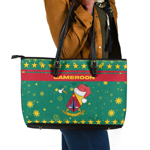 Cameroon Christmas Leather Tote Bag Coat of Arms Santa Hat and Stars Motif - African Pride