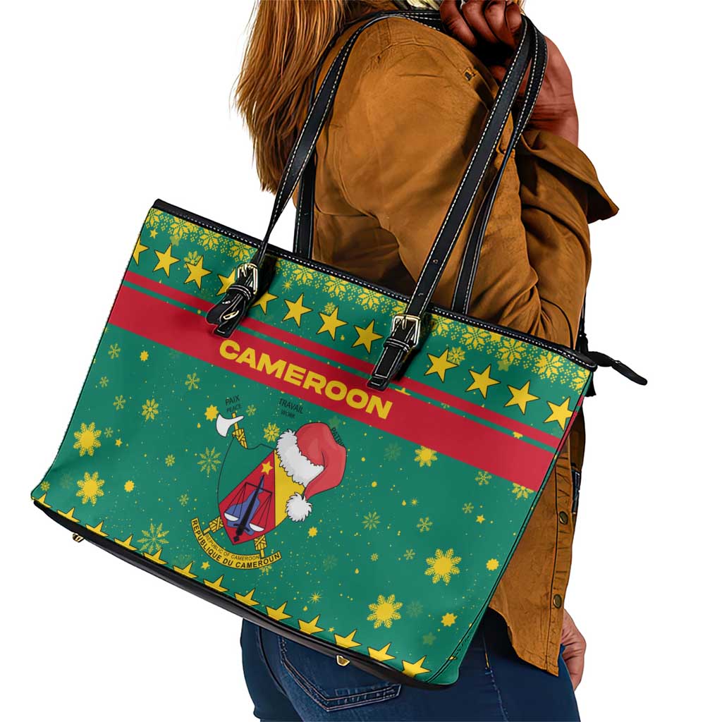 Cameroon Christmas Leather Tote Bag Coat of Arms Santa Hat and Stars Motif - African Pride