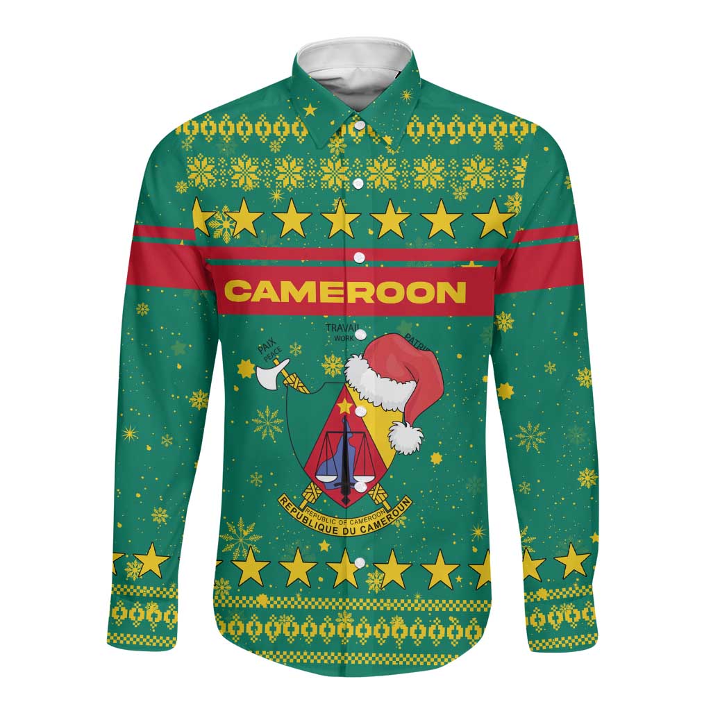 Cameroon Christmas Long Sleeve Button Shirt Coat of Arms Santa Hat and Stars Motif - African Pride
