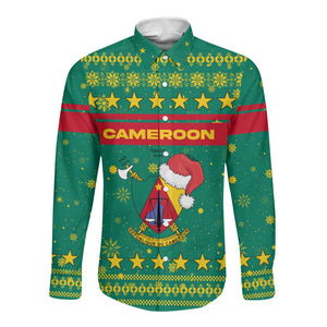 Cameroon Christmas Long Sleeve Button Shirt Coat of Arms Santa Hat and Stars Motif - African Pride